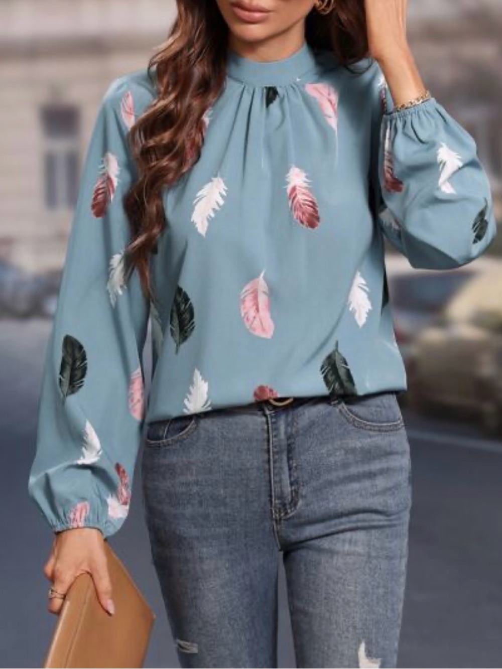 Dusty Blue Feather-Print Mock Neck Blouse